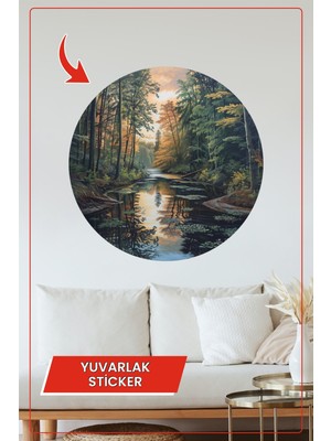 KOSS Dijital Sonbahar Ormanı ve Nehir Yansımalı Yuvarlak Sticker Doğa Temalı Dekoratif Duvar Sanatı