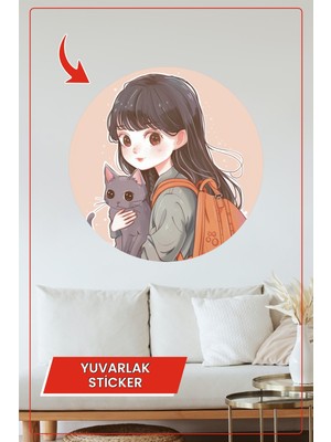 KOSS Dijital Kedi Seven Kız Illüstrasyonlu Yuvarlak Sticker Pastel Renkli Dekoratif Duvar Süsü Ev Ofis Için