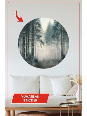 KOSS Dijital Sisli Çam Ormanı Temalı Yuvarlak Sticker Huzurlu Doğa Görünümlü Duvar Dekoru