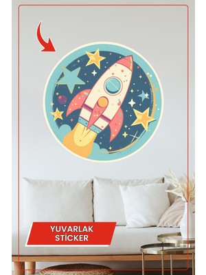 KOSS Dijital Roket ve Yıldızlı Gökyüzü Yuvarlak Sticker Çocuk Odası Uzay Temalı Dekoratif Çıkartma Duvar Süsü