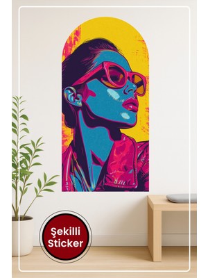 KOSS Dijital Oval Şekilli Soyut Renkli Sticker Pop Tarzda Gözlüklü Kadın Temalı Duvar Sticker