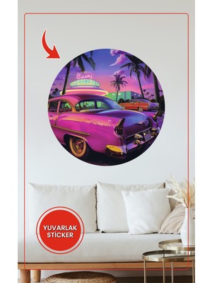 KOSS Dijital Retro Araba Yuvarlak Sticker Palmiye ve Neon Tasarım Dekoratif Çıkartma Ev Ofis Duvar Dekoru