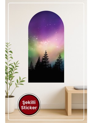 KOSS Dijital Oval Şekilli Kuzey Işıkları ve Ağaç Silüeti Dekoratif Duvar Sticker Ev Ofis Salon Hol Süs