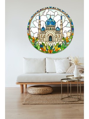 KOSS Dijital Mozaik Çiçek Desenli Cami Yuvarlak Sticker, Yuvarlak Şekilli Sticker, Ramazan Bayramı Duvar Dekoru