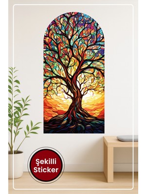 KOSS Dijital Oval Şekilli Vitray Ağaç Sticker Renkli Yapraklar ve Gün Batımı Temalı Dekoratif Duvar Manzara
