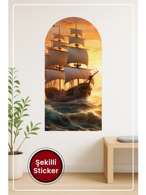 KOSS Dijital Oval Şekilli Deniz Gemi ve Gün Batımı Desenli Dekoratif Duvar Sticker Ev Ofis Salon Hol Süs