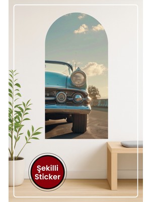 KOSS Dijital Oval Şekilli Araba Sticker Klasik Mavi Araç Temalı Retro Duvar Sticker