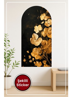 KOSS Dijital Oval Şekilli Zarif Çiçek Altın Efektli Petalli Koyu Zeminli Dekoratif Duvar Sticker