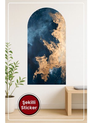 KOSS Dijital Oval Şekilli Renkli Desen Sticker Mavi Altın Tonlarda Sanatsal Görünümlü Dekoratif Duvar Sticker