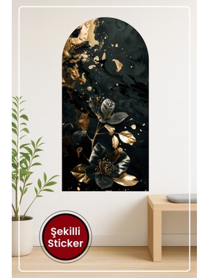KOSS Dijital Oval Şekilli Zarif Çiçek Altın Efektli Yapraklı Siyah Zeminli Dekoratif Duvar Sticker