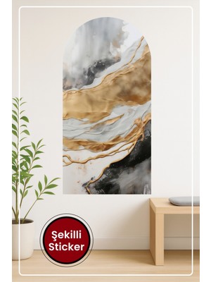 KOSS Dijital Oval Şekilli Altın Detaylı Mermer Desenli Dekoratif Duvar Sticker Ev Ofis Için Şık Dekor