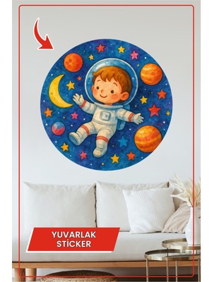 KOSS Dijital Astronot Çocuk Yuvarlak Sticker Uzayda Gezegenli Yıldızlı Ay Temalı Renkli Dekoratif Çıkartma