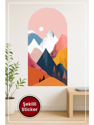 KOSS Dijital Oval Şekilli Sanatsal Dağlar Mavi Pembe Turuncu Tonlu Güneş Figürlü Duvar Sticker