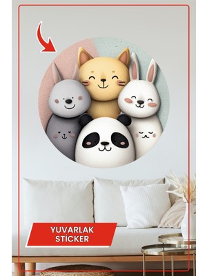 KOSS Dijital Hayvan Figürlü Yuvarlak Sticker Çocuk Odası Panda Tavşan Kedi Sevimli Pastel Renk Dekoratif Çıkartma