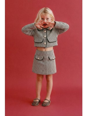 Magu Kız Çocuk Pamuklu Siyah Beyaz Balıksırtı Ceket Etek Takım - Düğmeli Cepli Şık Kombin