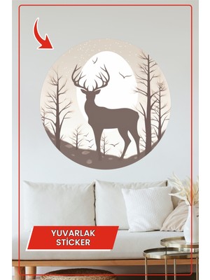 KOSS Dijital Minimalist Geyik ve Orman Tasarımlı Modern Doğa Temalı Yuvarlak Duvar Sticker Ev Ofis Dekoru