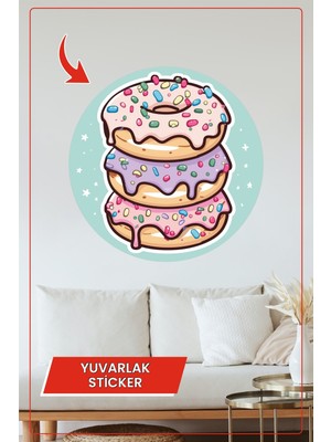 KOSS Dijital Renkli Donut Tasarımlı Yuvarlak Sticker Tatlı Pastane Kafe Duvar Dekoru Dekoratif Çıkartma
