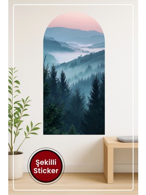 KOSS Dijital Oval Şekilli Dağ ve Sis Sticker Doğa Manzaralı Pembe Gökyüzü Temalı Dekoratif Duvar Sticker