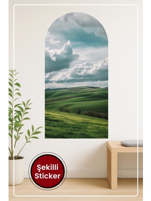 KOSS Dijital Oval Şekilli Manzara Sticker Yeşil Tepeler ve Bulutlu Gökyüzü Temalı Duvar Sticker