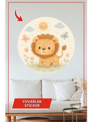 KOSS Dijital Sevimli Aslan Yuvarlak Sticker Güneşli Bulutlu Çiçekli Pastel Temalı Dekoratif Çıkartma Dekoru