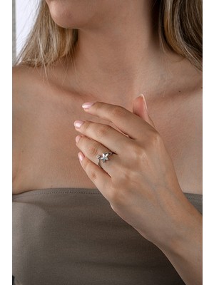 INNUENDO JEWELRY 925 Ayar Gümüş Sedefli Çiçek Yüzük Zirkon Taşlı Ayarlanabilir Kadın Zarif Yüzük