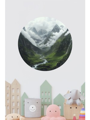 KOSS Dijital Dağ Vadisi Manzaralı Yuvarlak Sticker Doğa Temalı Dekoratif Duvar Süsü