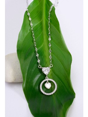 Altın Kaplama 925 Ayar Gümüş Kalp Taşlı Halkalı Aynalı Zincir Kolye