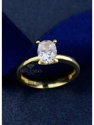 INNUENDO JEWELRY 925 Ayar Gümüş Altın Kaplama Yuvarlak Kesim Tektaş Yüzük