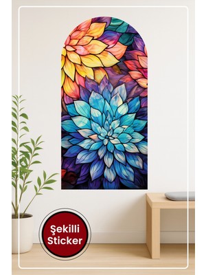 KOSS Dijital Oval Şekilli Vitray Çiçek Sticker Renkli Yapraklar ve Sanatsal Cam Efekti Temalı Dekoratif Manzara