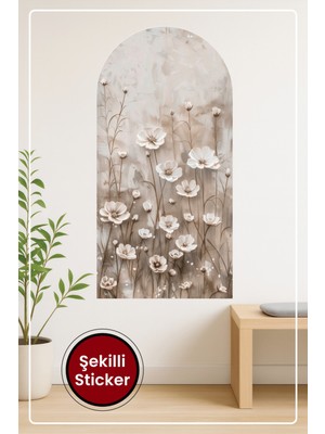 KOSS Dijital Oval Şekilli Çiçek Desenli Sticker Bej Beyaz Tonlarda Zarif Doğal Sanatsal Duvar Sticker