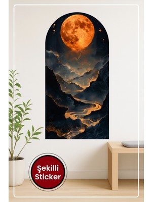 KOSS Dijital Oval Şekilli Ay ve Dağ Sticker Fantastik Manzara Temalı Dekoratif Duvar Sticker