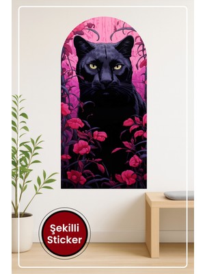 KOSS Dijital Oval Şekilli Siyah Panter Çiçekli Illüstrasyon Dekoratif Duvar Sticker Modern Ev Ofis Duvar Süsü