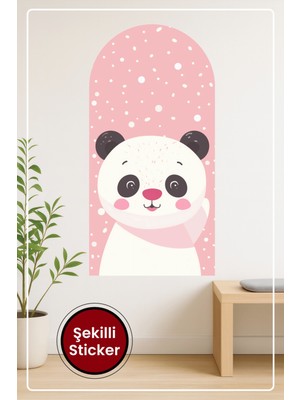 KOSS Dijital Oval Şekilli Sevimli Panda Figürü Pembe Atkılı Kar Tanesi Desenli Duvar Sticker