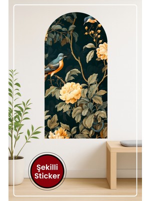 KOSS Dijital Oval Şekilli Kuşlu Çiçek Sticker Sarı Çiçekler Koyu Zeminli Doğal Temalı Duvar Dekoru