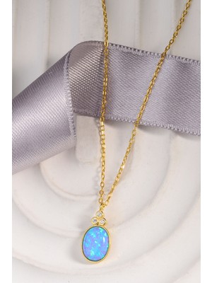 Altın Kaplama 925 Ayar Gümüş Oval Kesim Mavi Opal Taşlı Kolye Model Kodu: 847