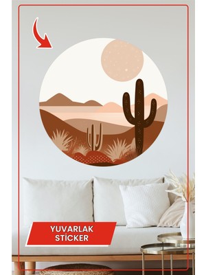 KOSS Dijital Kaktüs ve Çöl Manzaralı Yuvarlak Sticker Bej Kahve Tonlarda Modern Boho Dekoratif Ev Ofis Çıkartma