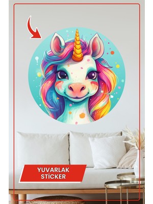 KOSS Dijital Renkli Unicorn Yuvarlak Sticker Çocuk Odası Eğlenceli Sevimli Karakter Pastel Ton Dekoratif Çıkartma