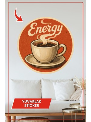 KOSS Dijital Energy Retro Yuvarlak Sticker Kırmızı Zeminli Kahve Fincanı Tasarımlı Vintage Tarz Dekoratif