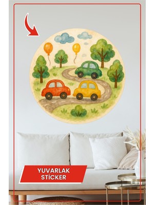 KOSS Dijital Renkli Arabalar Yuvarlak Sticker Ağaçlı Yol ve Balon Temalı Çocuk Odası Dekoratif Çıkartma