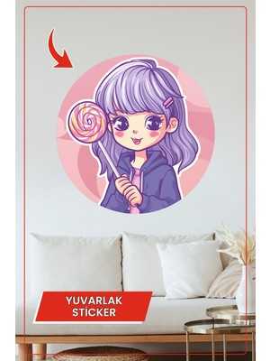KOSS Dijital Lolipop Tutan Sevimli Kız Yuvarlak Sticker Pembe Arka Planlı Tatlı Kawaii Tarz Duvar Dekoru