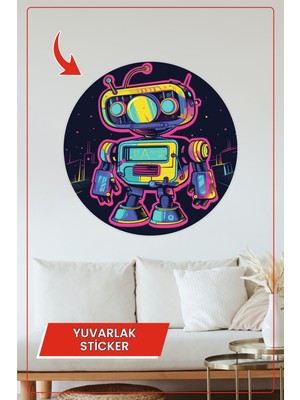 KOSS Dijital Neon Renkli Robot Tasarımlı Yuvarlak Sticker Duvar Dekoru Ev Ofis Çocuk Odası Için