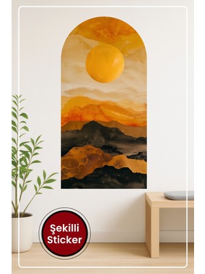 KOSS Dijital Oval Şekilli Soyut Manzara Sticker Turuncu Güneşli Katmanlı Dağ Temalı Duvar Dekoru
