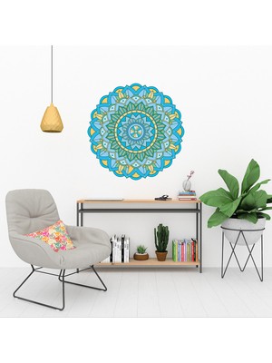 KOSS Dijital Mandala Koleksiyonu Mavi Çiçek Deseni Yuvarlak Sticker, Yuvarlak Duvar Stickerı Çiçekli Duvar Dekoru