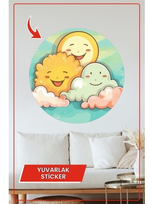KOSS Dijital Gülen Güneş Bulut Yuvarlak Sticker Çocuk Odası Renkli Eğlenceli Sevimli Dekoratif Çıkartma Süsü