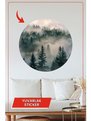 KOSS Dijital Orman Manzarası Temalı Yuvarlak Sticker Huzurlu Doğa Dekoratif Duvar Süsü