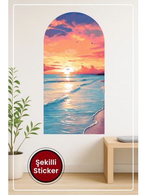 KOSS Dijital Oval Şekilli Gün Batımı Sahil Manzaralı Dekoratif Duvar Sticker Ev Ofis Salon Hol Için Modern Süs
