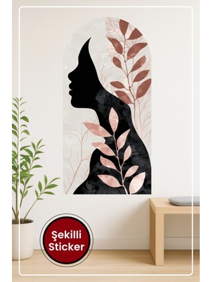 KOSS Dijital Oval Şekilli Sanatsal Desen Sticker Kadın Silüetli Pembe Yaprak Temalı Dekoratif Duvar Sticker