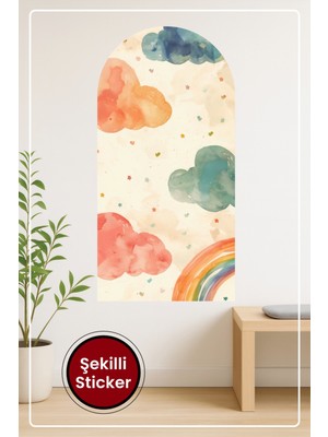 KOSS Dijital Oval Şekilli Renkli Bulutlar Gökkuşağı ve Kalp Yıldız Detaylı Neşeli Duvar Sticker
