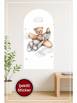 KOSS Dijital Oval Şekilli Uçak ve Yavru Ayı Desenli Dekoratif Duvar Sticker Ev Ofis Salon Çocuk Odası Süs
