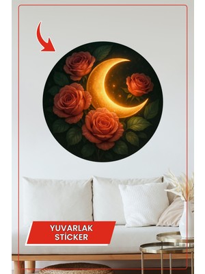 KOSS Dijital Hilal Ay Kırmızı Gül Yuvarlak Sticker Dekoratif Çıkartma Duvar Ev Ofis Romantik Tasarım